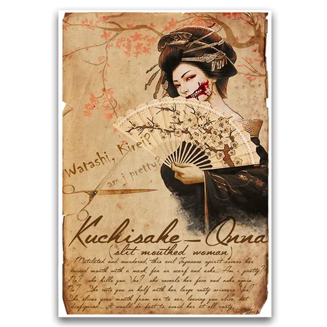 Buy Japanese folklore Horror art, Kuchisake Onna, cherry blossom Geisha ...