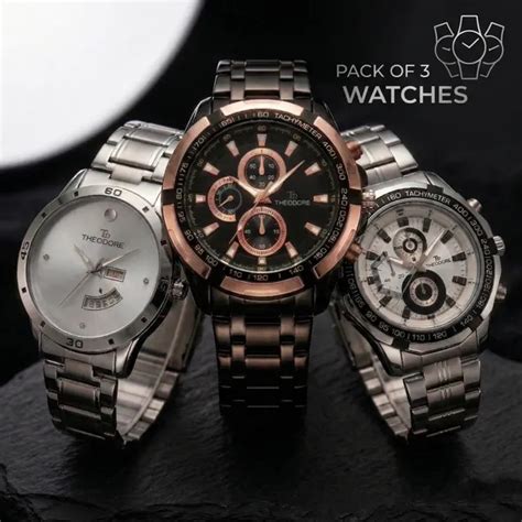 THEODORE Pack of 3 Men Watches Black Analogue Round Dial and White ...