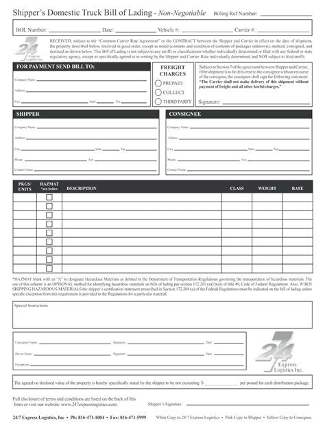 247 Express Logistics Shippers Domestic Truck Form - Fill Online ...