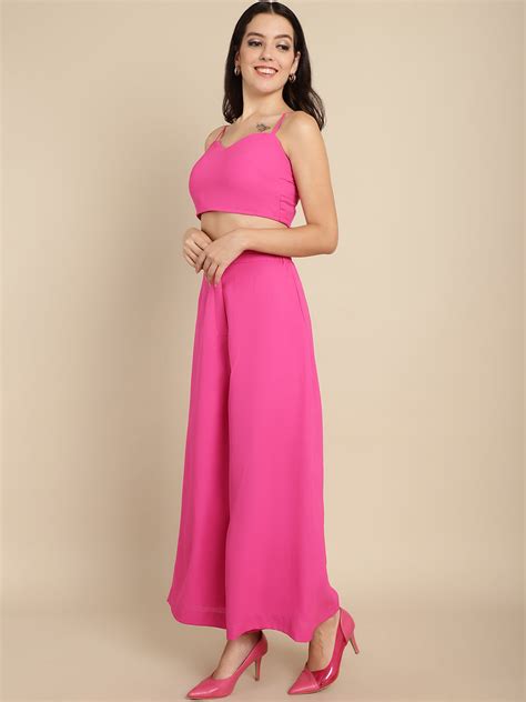 Hot Pink Blazer Trouser Set With Crop Top
