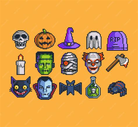 Premium Vector | Pixel art Halloween Icons Set Pixelated Halloween ...