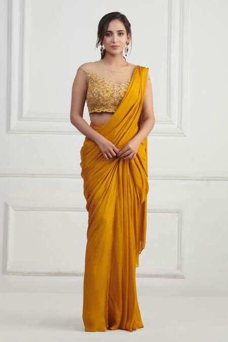 Buy Yellow Chiffon, Silk, Net Zari, Pre-draped Saree With Embroidered ...