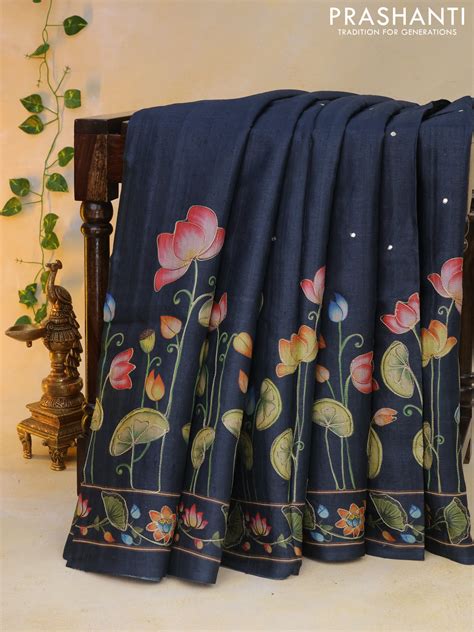 Pure tussar silk saree dark elephant grey with allover pichwai prints ...