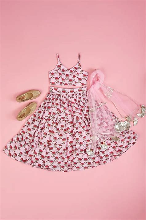 Pink Muslin Hand Block Printed lehenga set
