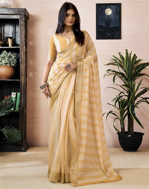 Ready to Wear Yellow Linen Printed Saree – Sudathi
