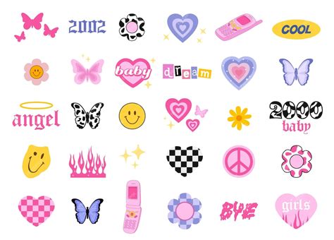 Y2k style icons glamorous trendy doodles set 90s and 2000s style vector ...