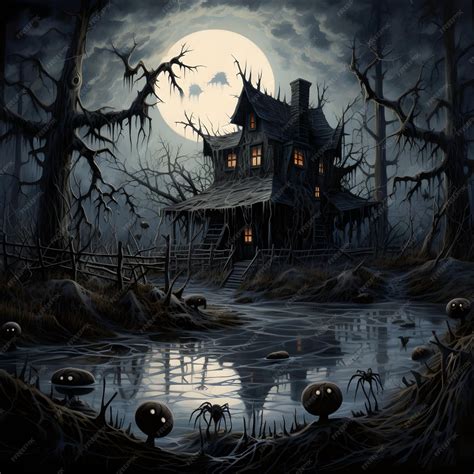 Premium AI Image | old monster house with Spider on the ground in dark ...