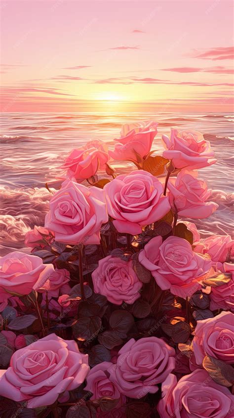 Premium Photo | Pink roses on the beach with sunset in the background