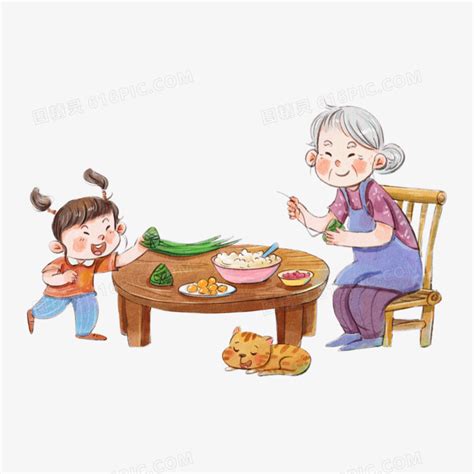 卡通手绘免抠奶奶和孙女一起包粽子元素图片免费下载_PNG素材_编号1xri7dwy0_图精灵