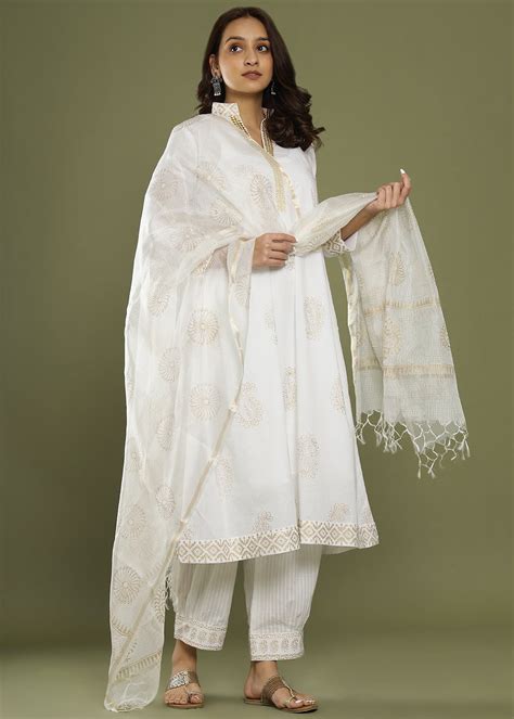 Get V-Neck Golden Embellished White Kurta Set at ₹ 3056 | LBB Shop