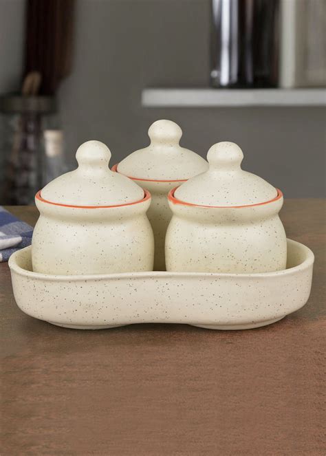 Get White And Orange Ceramic White Matt Pickle Serving Jar Set with ...