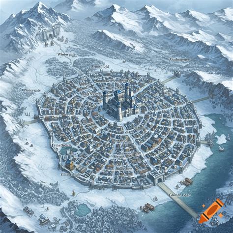 Detailed illustrated bird's eye view map of a circular winter fantasy ...