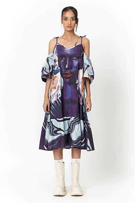Buy Blue Cotton, Poplin V-neck Michi Printed Cold Shoulder Dress For ...