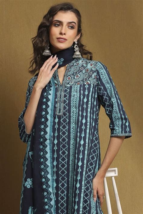 Buy Indigo Blue Cotton Printed Straight Suit Set Online at Biba India