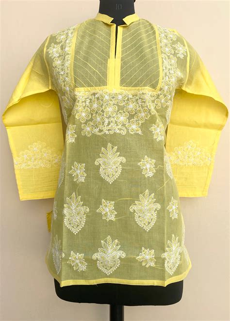 Lucknowi Chikankari Short Kurti Yellow Cotton – Chikirpolo