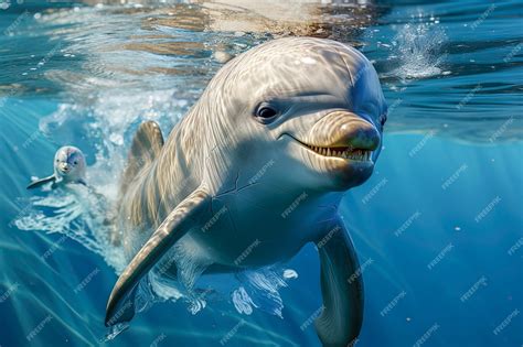 Premium Photo | Cute dolphin underwater eye contact looking at you ...
