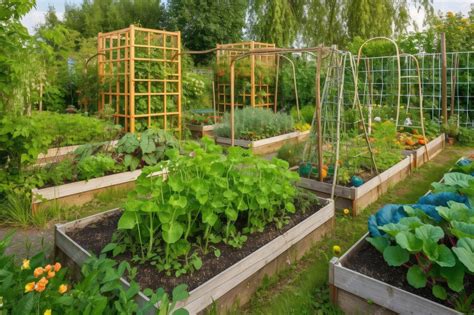 Premium Photo | Vegetable garden with raised beds and trellises ...