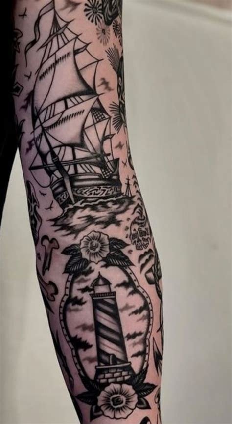 Nautical arm tattoo | Lighthouse tatoos, Boat traditional tattoo, Palm ...