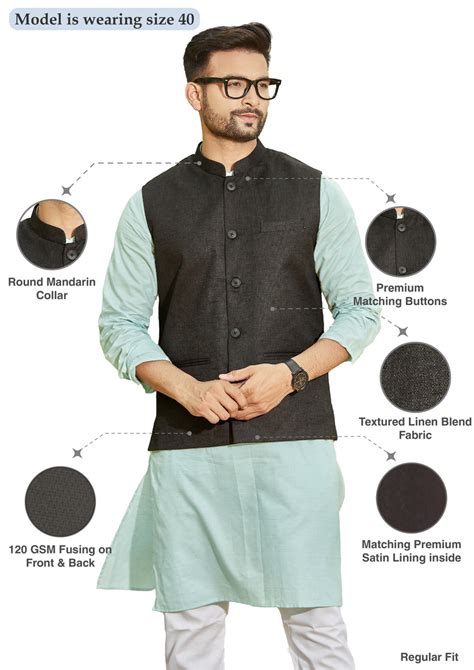 Classic Linen Blend Premium Nehru Jacket, Solid Black, Regular Fit ...