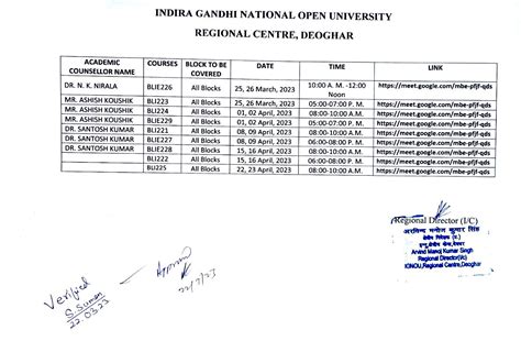 IGNOU-RC-Deoghar - Student Corner - Counselling Schedule