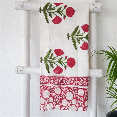 Pure Cotton Bath Towel Block Printed White With Red Flower Motif Patte ...