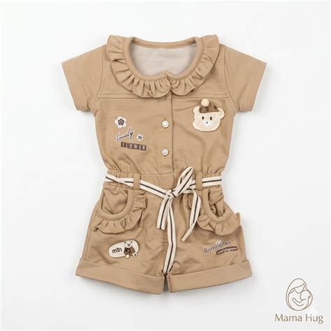 Mama Hug Girls Ruffle Romper | Premium Teddy Patch Cotton Playsuit for
