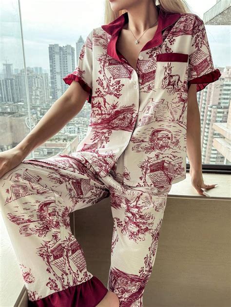 SHEIN Ladies' Casual Oriental Style Floral Print Contrast Color Ruffle ...