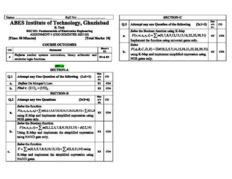 B.Tech KL BEC101: Electronics Assignment 3 - Boolean Functions - Studocu
