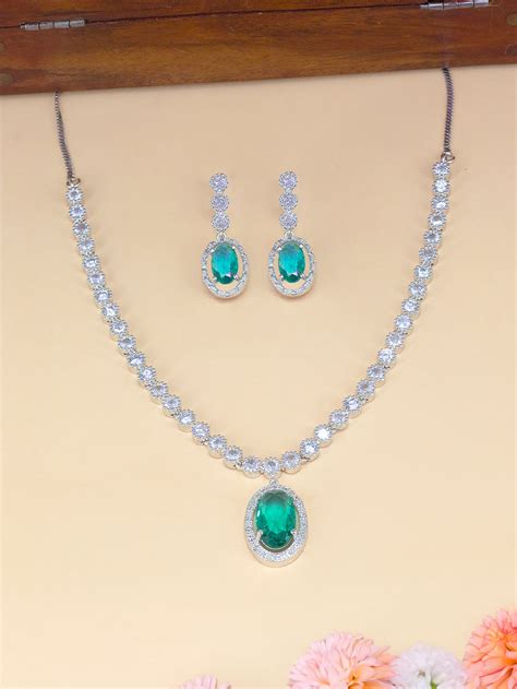 Rhodium Plated Green Oval Shaped American Diamond Jewellery Set – PRIVIU