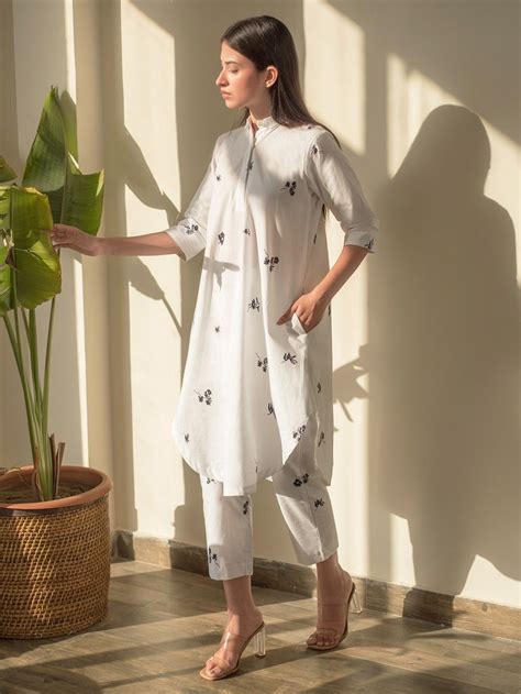 Buy White Black Printed Cotton Poplin Asymmetric Tunic with Pants- Set ...