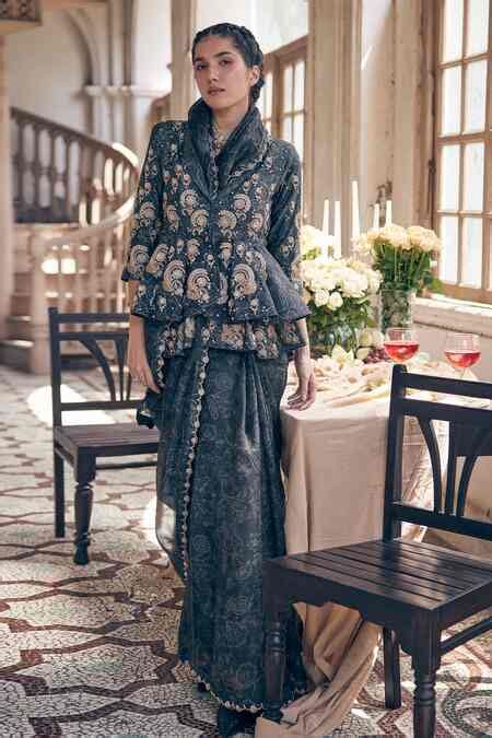 Buy Black Organza, Chanderi Silk, Satin Deer Printed 6 Yard Saree With ...