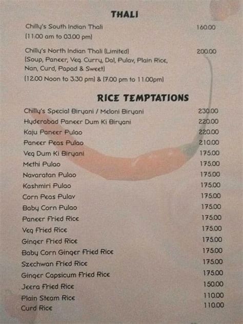 Menu at Chilly's Restaurant, Secunderabad, 1-7-139/1