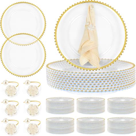 Amazon.com | Tioncy 50 Pack Clear Charger Plates Bulk Beaded Charger Plates with 50 Pcs Napkin ...