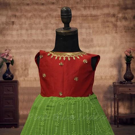 Chikankari Hand Embroidered Gown for Girls - Red & Green ...