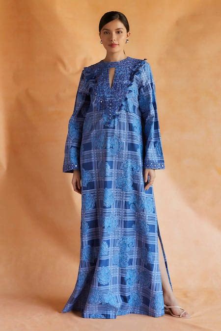 Buy Blue Silk Embroidery Round Neck Paisley And Checkered Print Yoke ...