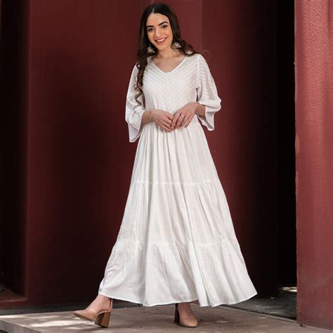 Buy White Bandhani & Stone Printed Tiered Dress with Flared Sleeves ...