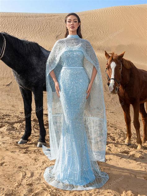 Luxury Mock Neck Cape Sleeves Beaded Formal Dresses & Evening Gowns for ...