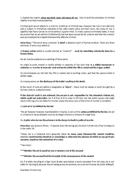 Mens Rea & Actus Reus - Explain the maxim: actus non facit reum, nisi ...