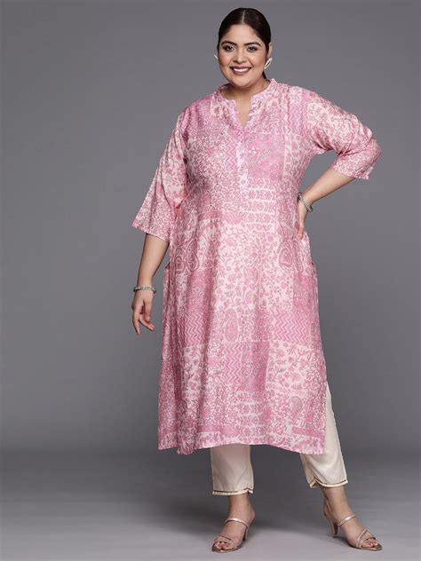 Buy Plus Size Pink Printed Silk Straight Kurta Online at $18.00 USD ...