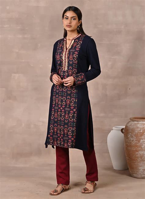 Midnight Blue Solid Kurta with Tribal Embroidery and Curved Hem ...