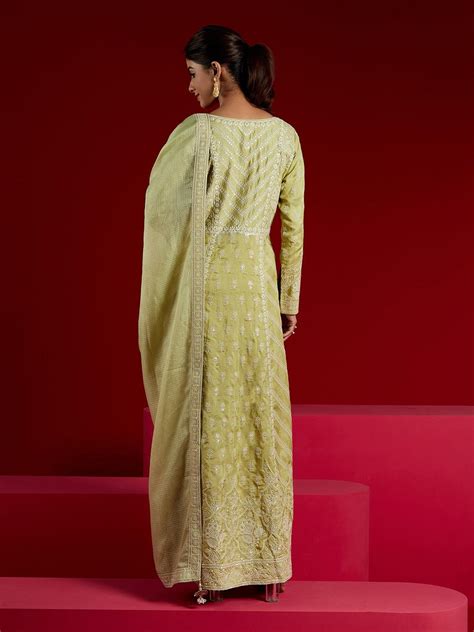 Buy Libas Art Green Embroidered Silk A-Line Kurta With Trousers ...
