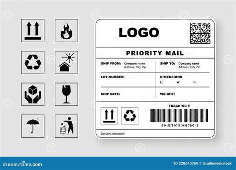 Cargo Shipping Label Priority Mail Template and Warning Sign Stock ...
