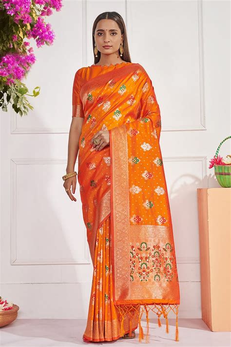 Buy Vivid Orange Banarasi Saree online-Karagiri