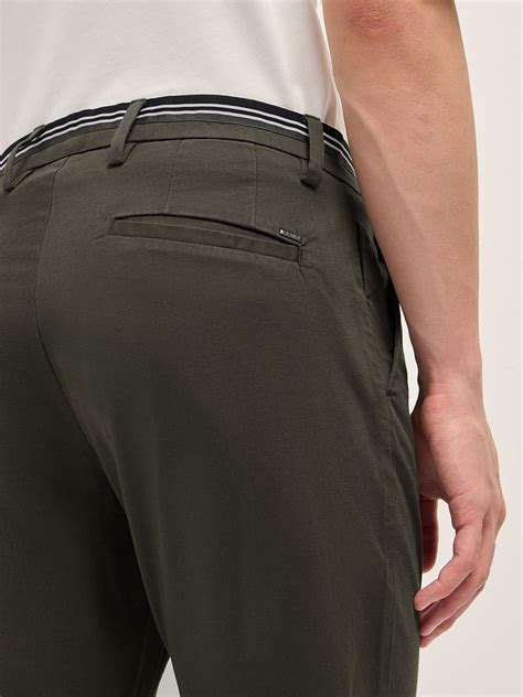 Shop Olive Straight Fit Casual Trousers with Contrast Striped Waistband ...