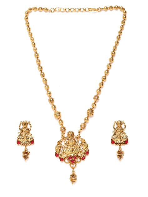 Red Gold-Plated Stone-Studded Goddess Lakshmi Handcrafted Jewellery Se ...