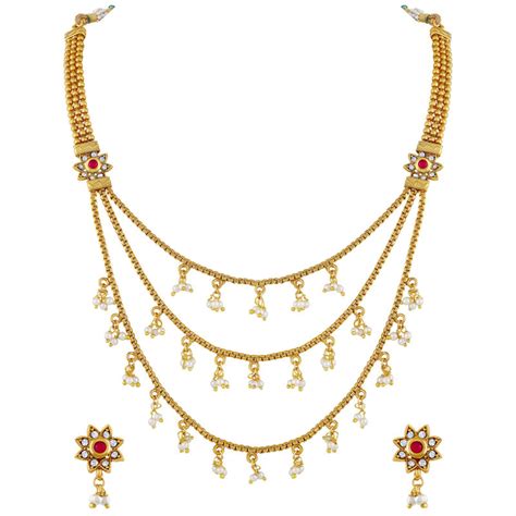 Buy Asmitta Kundan Pearl Studded Multi Layered Gold Toned Necklace Set ...