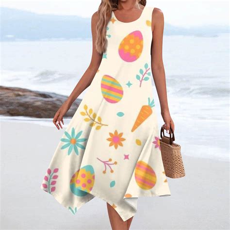 HAJWOH Womens Easter Dresses 2025 Bunny Egg Graphic Sleeveless Spring ...