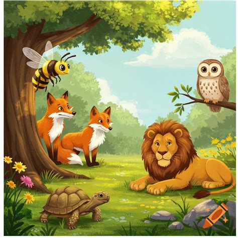 A bee, two foxes, tortoise, lion, and owl are together in a sunny ...