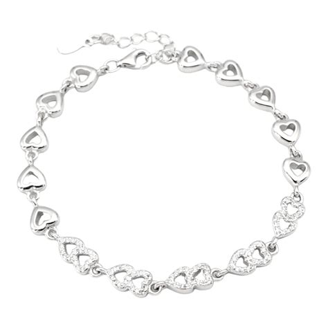 925 Sterling Silver Studded Double Heart Design Bracelet For Girls and ...