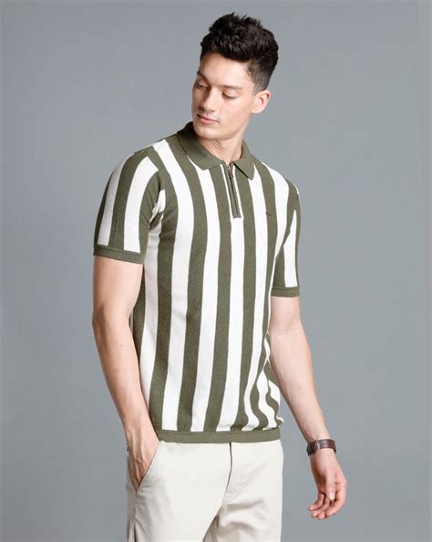 Identiti Green Half Sleeve Striped Slim Fit Cotton Casual Polo T-Shirt